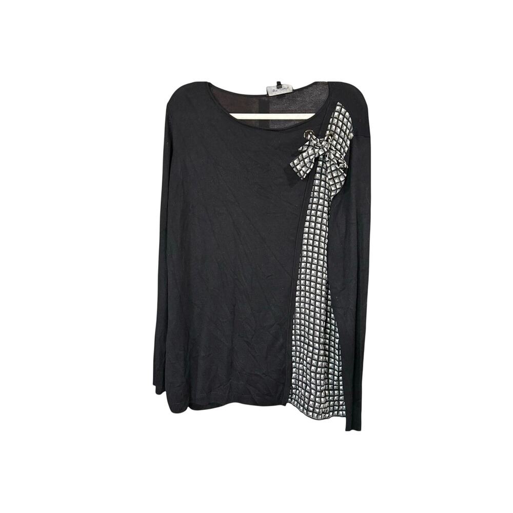 St. John Black Cashmere Wool Geometric Bow LS Tunic Pullover Sweater XL